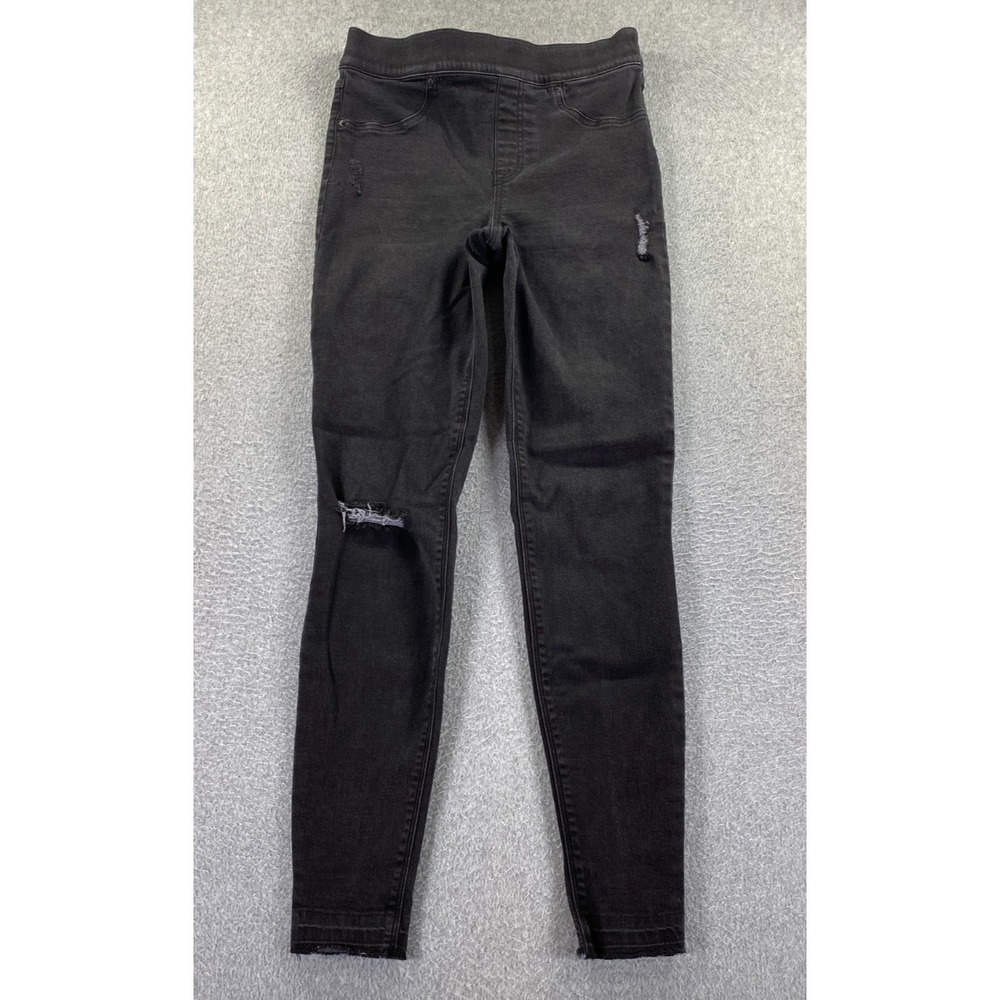 Spanx Distressed Skinny Jeans Women's Medium Tall Black Denim Pull On Raw Hem